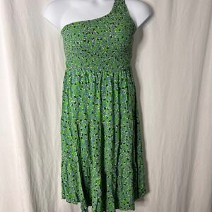 Womens Zcsia One Shoulder Green Smocked Sundress | Size Medium | Floral Girlhood
